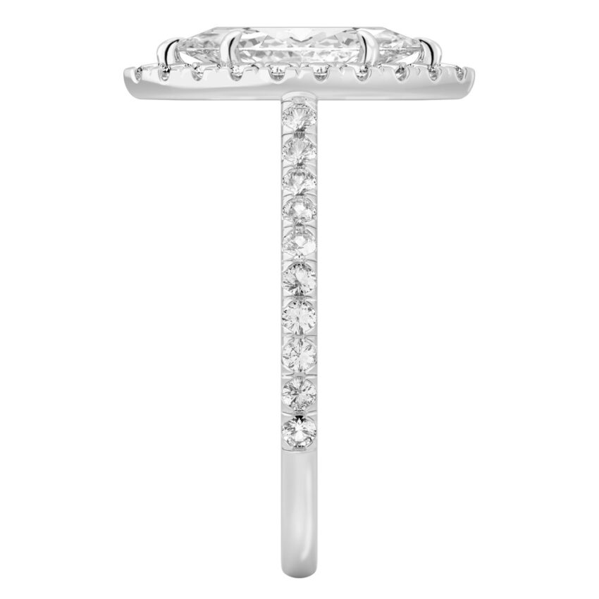 Side view of marquise cut diamond cushion halo engagement ring platinum