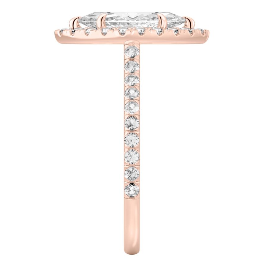 Side view of marquise cut diamond cushion halo engagement ring rose gold