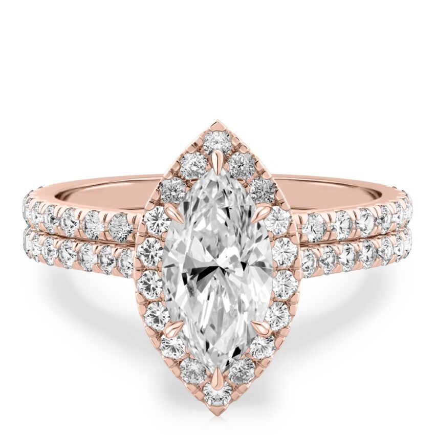 marquise cut diamond cushion halo engagement ring set in rose gold