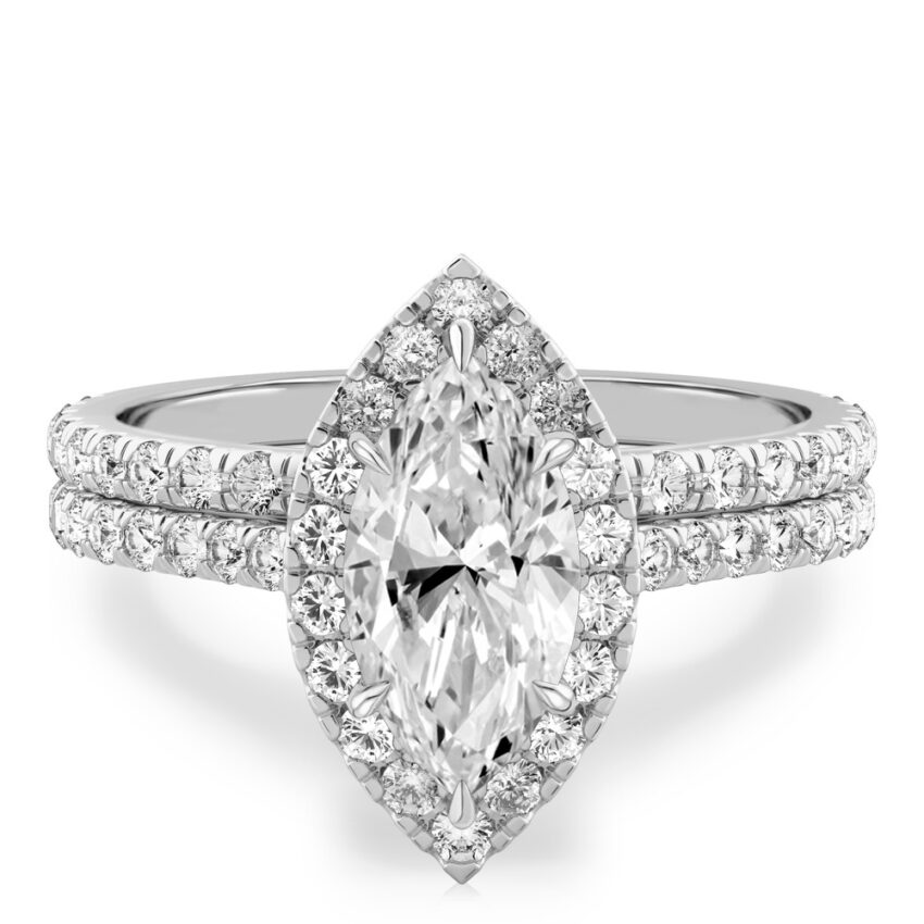 marquise cut diamond cushion halo engagement ring set in white gold