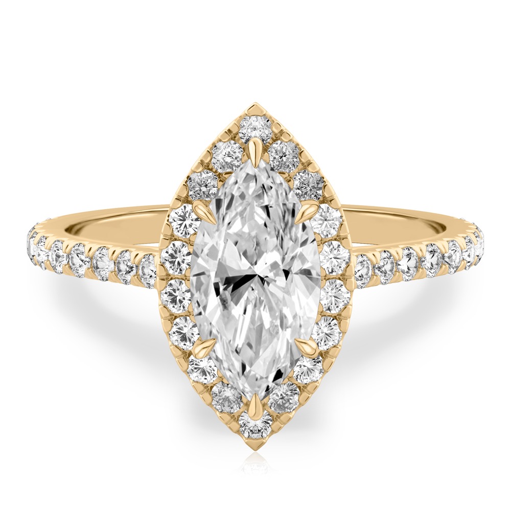 marquise cut diamond cushion halo engagement ring yellow gold