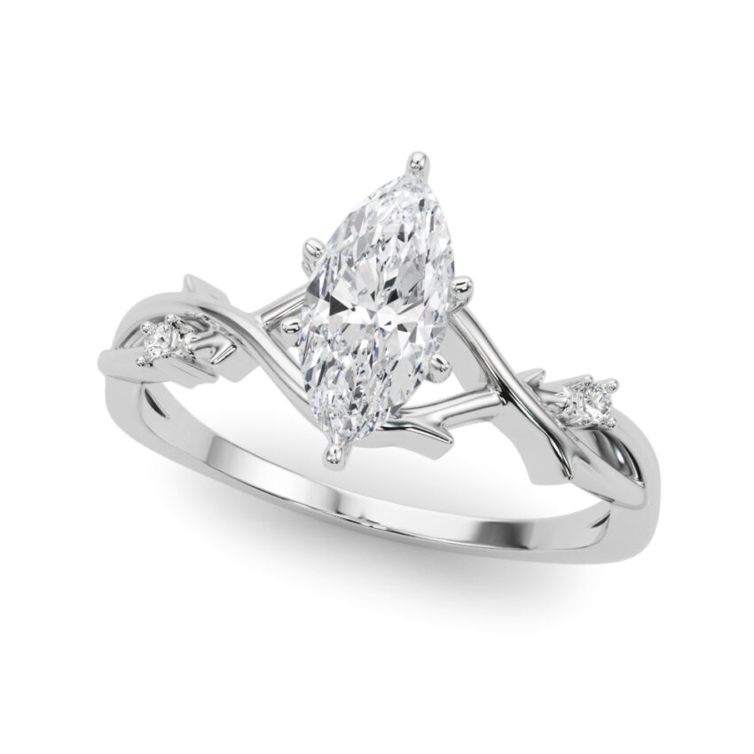 Angle view of marquise cut diamond thorn engagement ring palladium