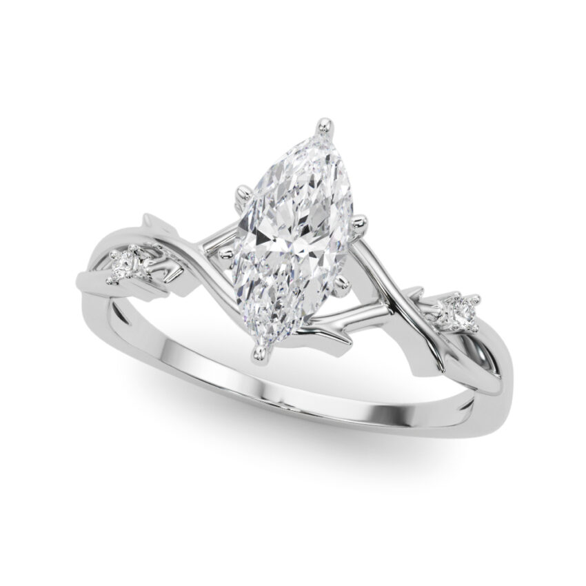 Angle view of marquise cut diamond thorn engagement ring platinum