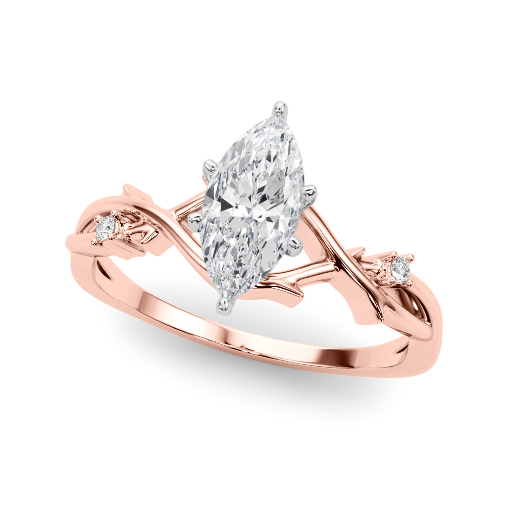 Angle view of marquise cut diamond thorn engagement ring rose gold