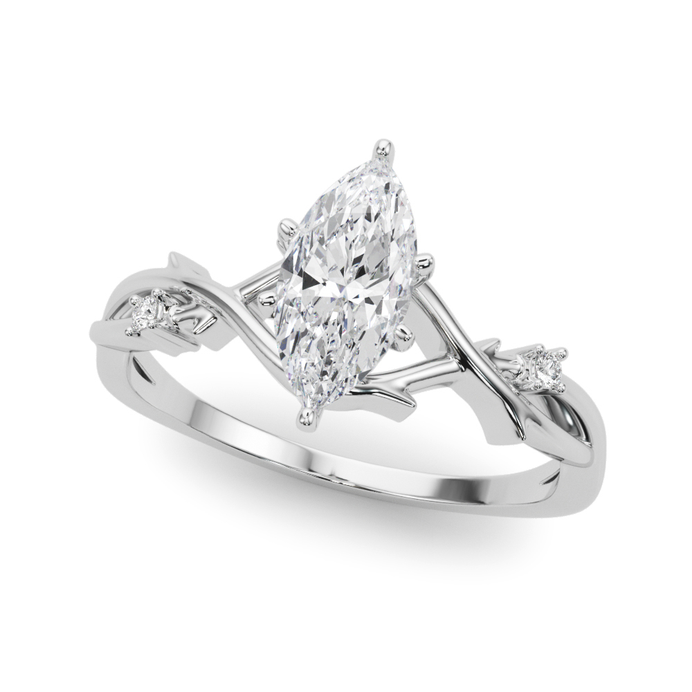 Angle view of marquise cut diamond thorn engagement ring white gold