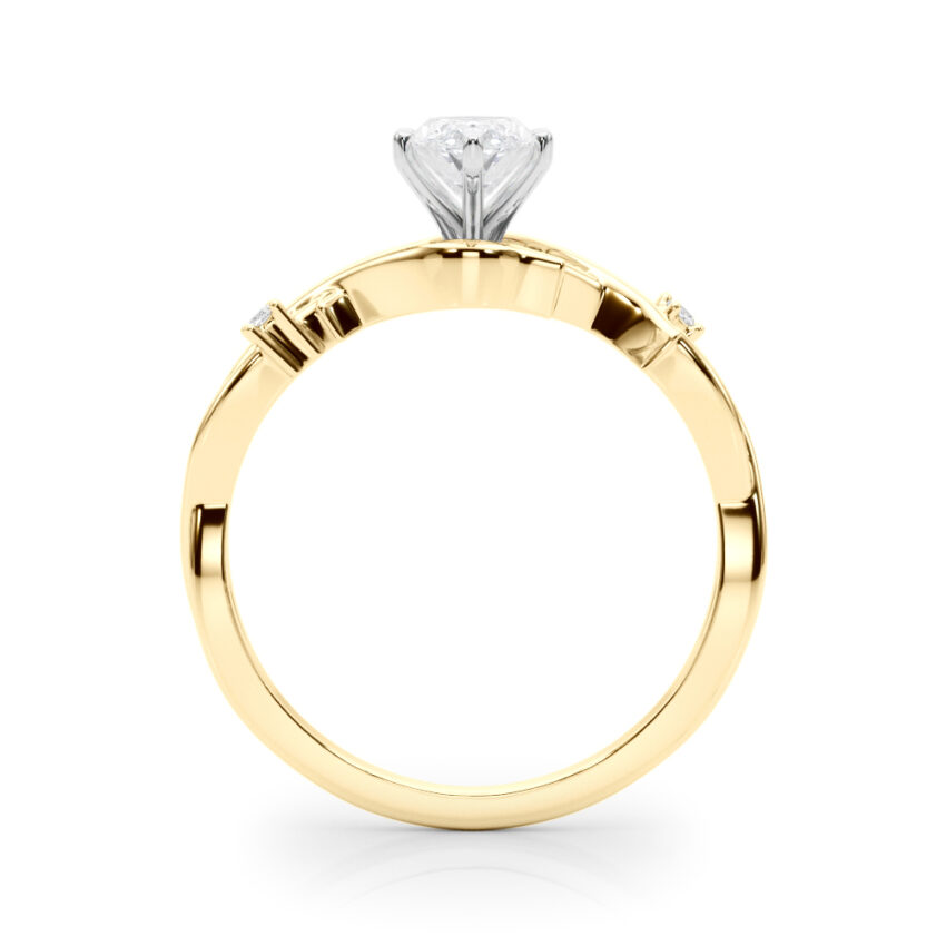 Side view of marquise cut diamond thorn engagement ring yellow gold