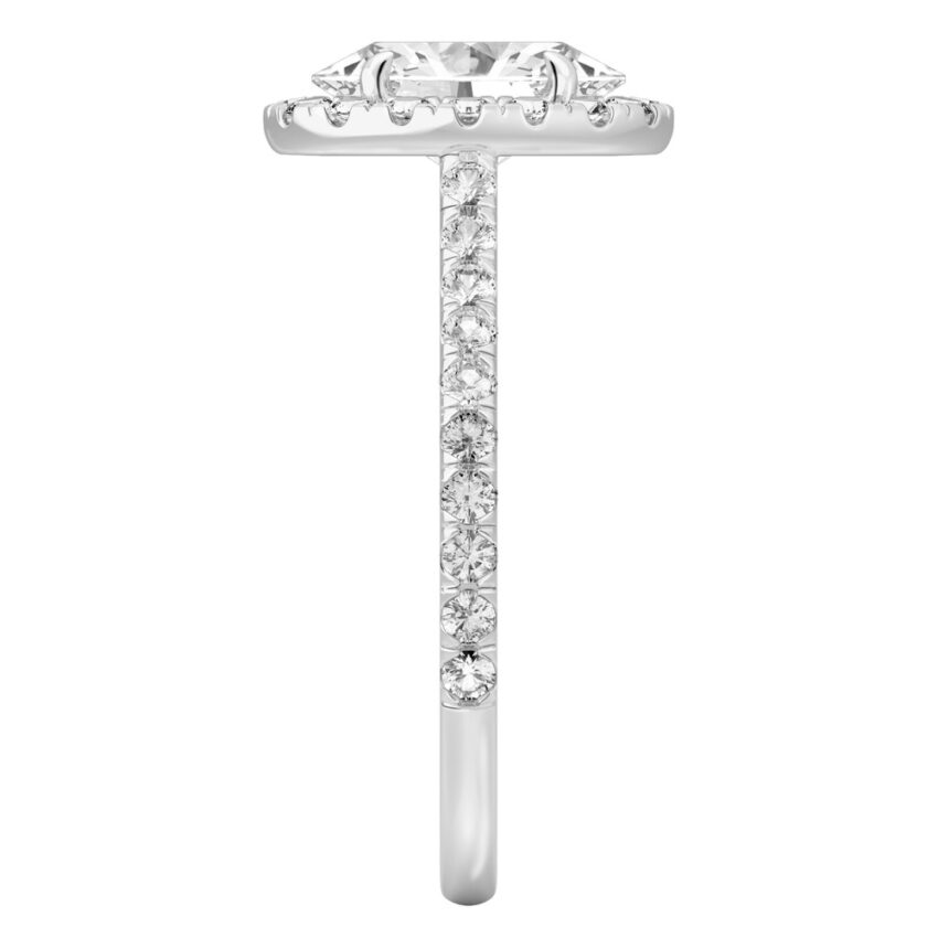 Side view of oval shape diamond cushion halo engagement ring palladium