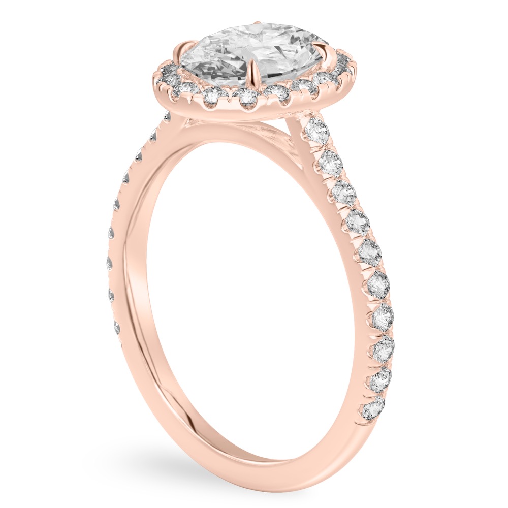 Angle view of oval shape diamond cushion halo engagement ring rose gold