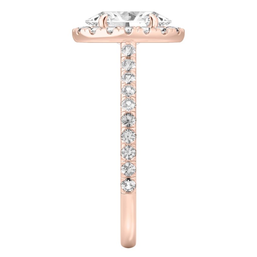 Side view of oval shape diamond cushion halo engagement ring rose gold