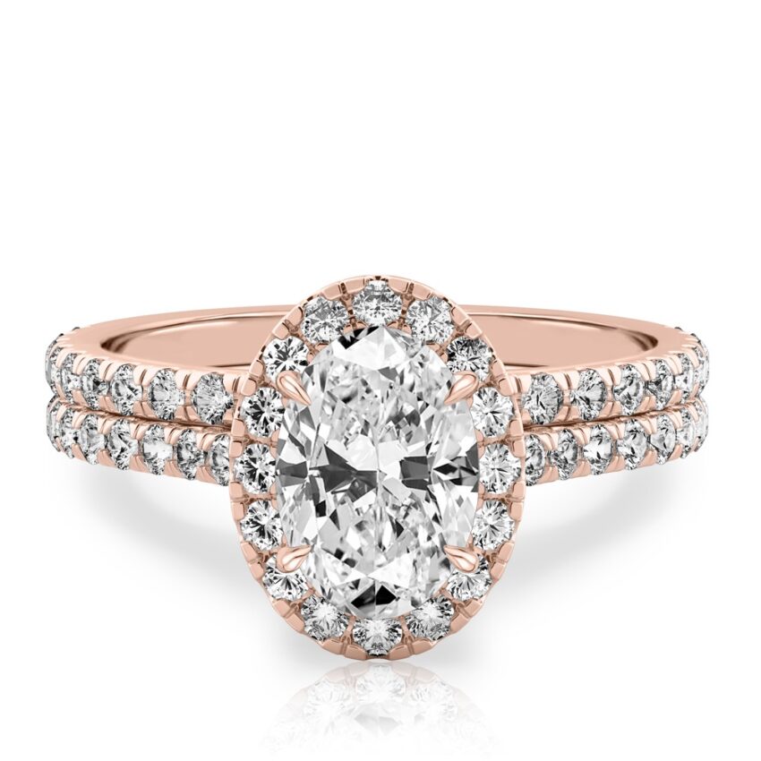 oval shape diamond cushion halo engagement ring set in rose gold
