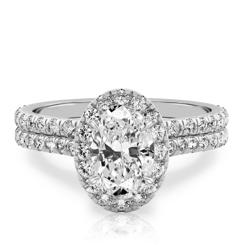 oval shape diamond cushion halo engagement ring set in white gold