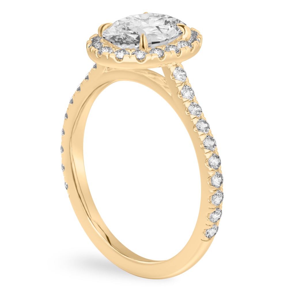 Angle view of oval shape diamond cushion halo engagement ring yellow gold