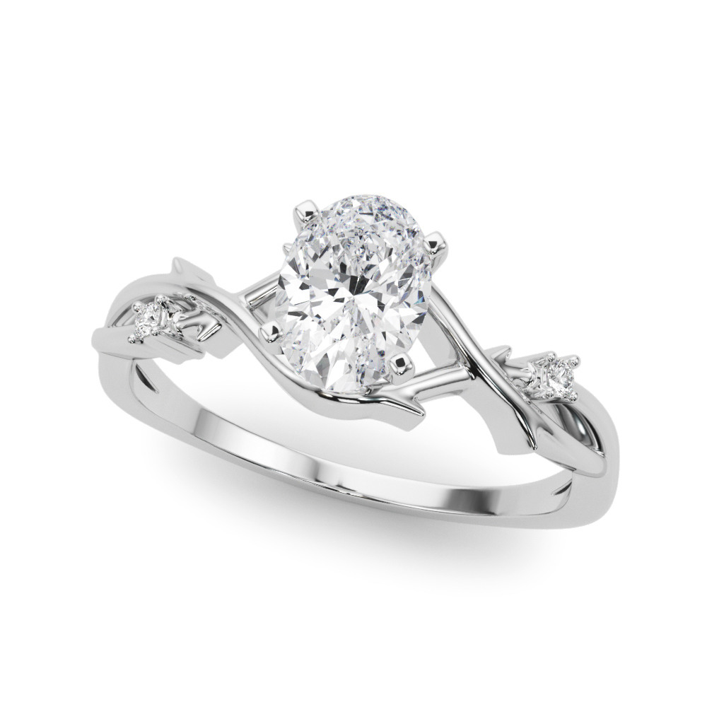 Angle view of oval shape diamond thorn engagement ring platinum