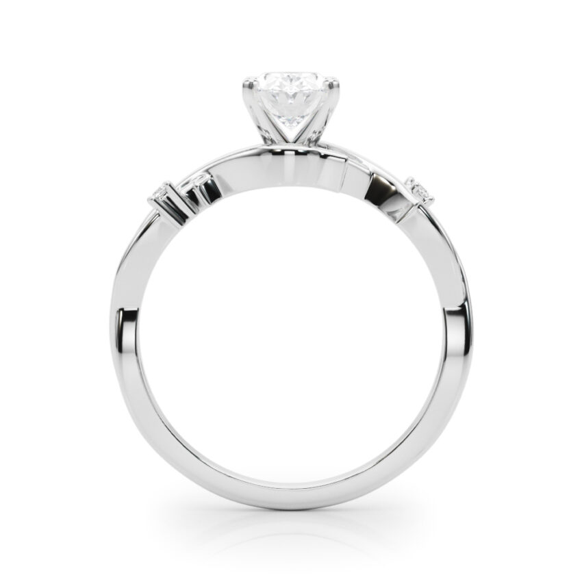 Side view of oval shape diamond thorn engagement ring platinum