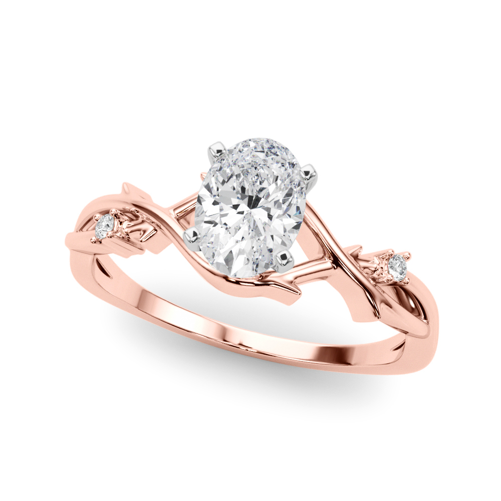 Angle view of oval shape diamond thorn engagement ring rose gold