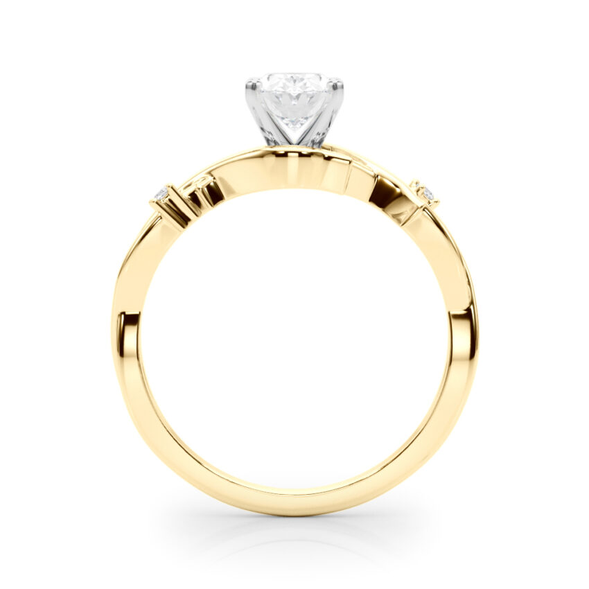 Side view of oval shape diamond thorn engagement ring yellow gold