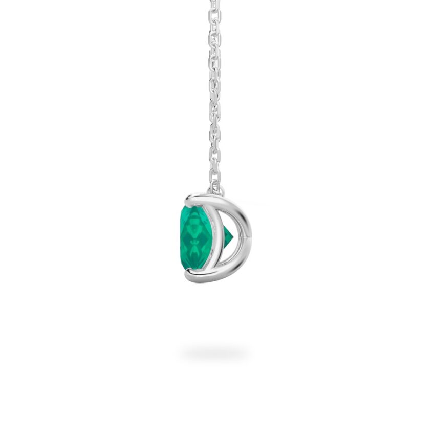 side view of oval shape emerald necklace in platinum
