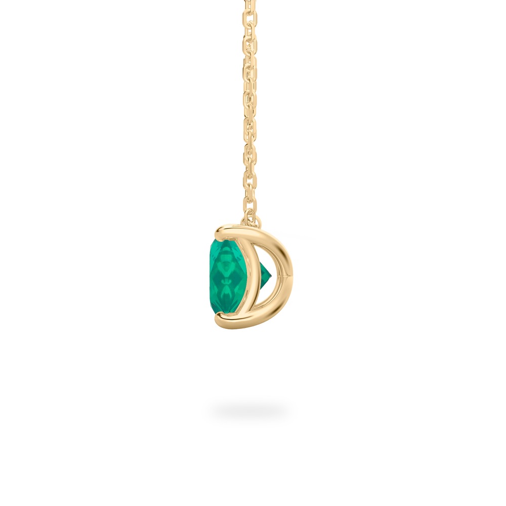 side view of oval shape emerald necklace in yellow gold