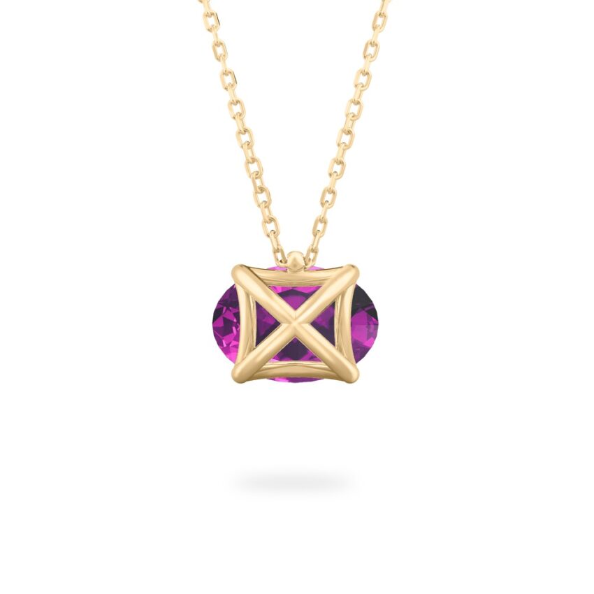 back view of oval shape february birthstone necklace in yellow gold