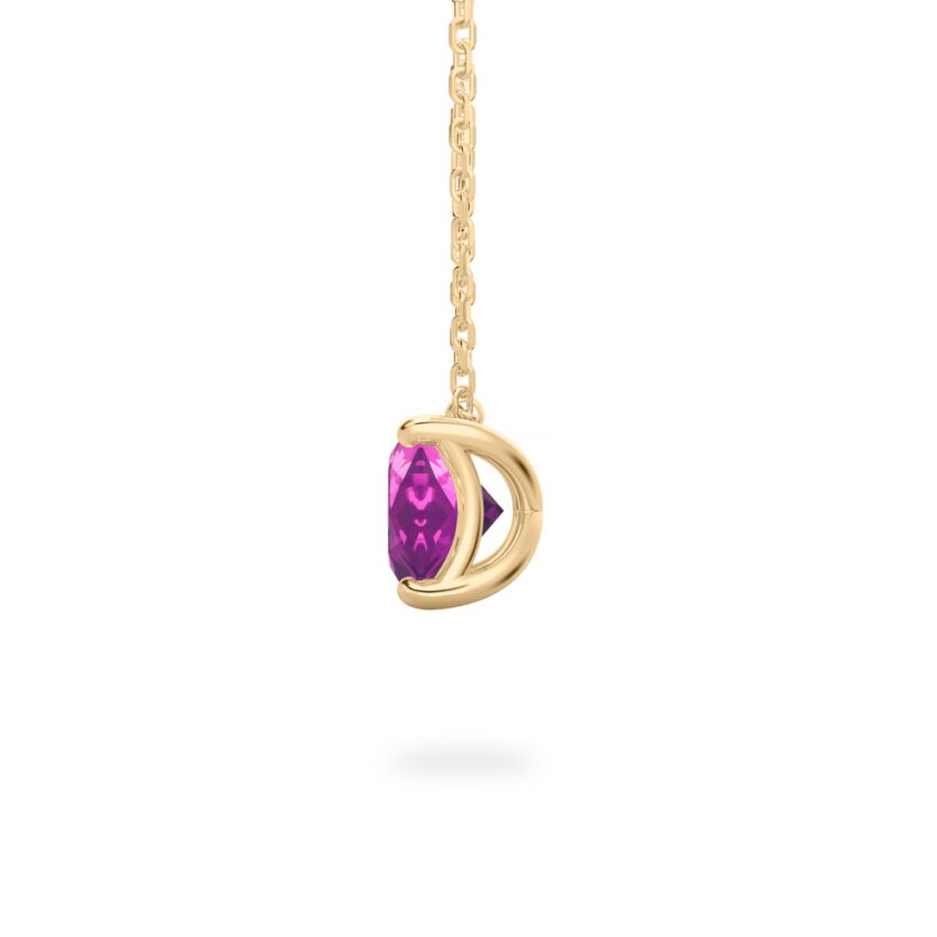 side view of oval shape february birthstone necklace in yellow gold