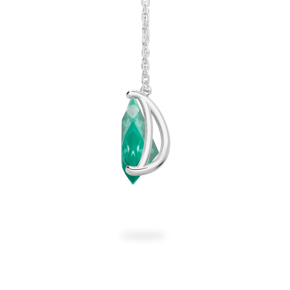 side view of pear shape august birthstone necklace in platinum