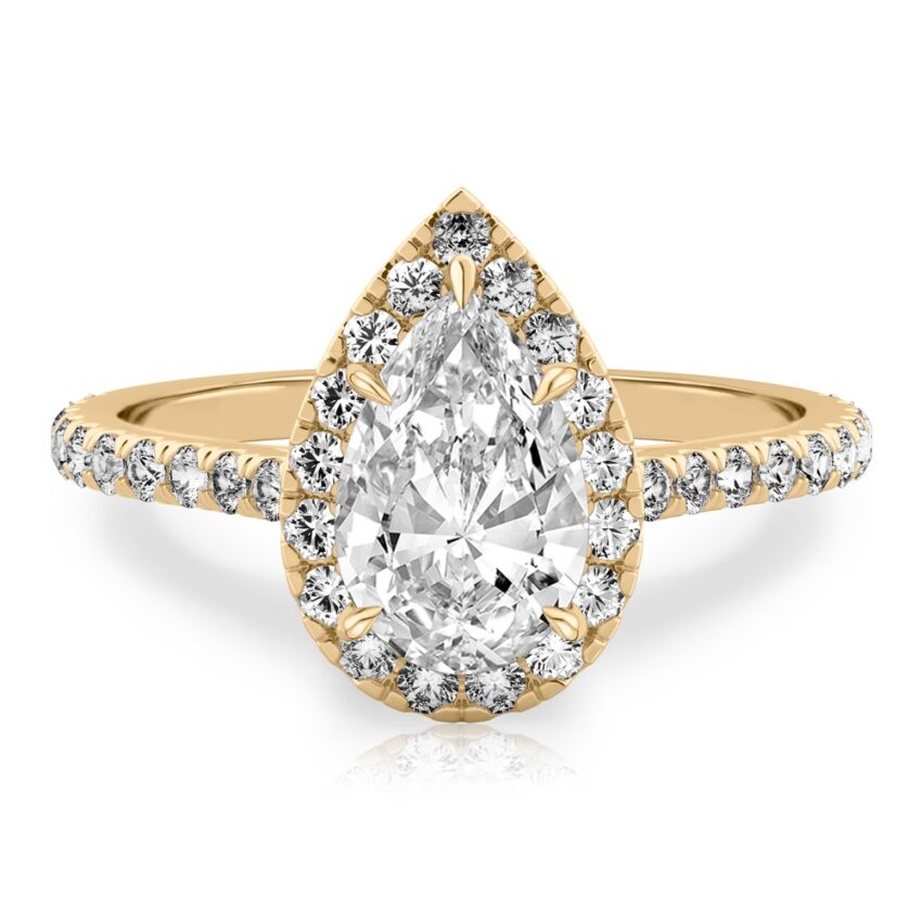 pear shape diamond cushion halo engagement ring yellow gold