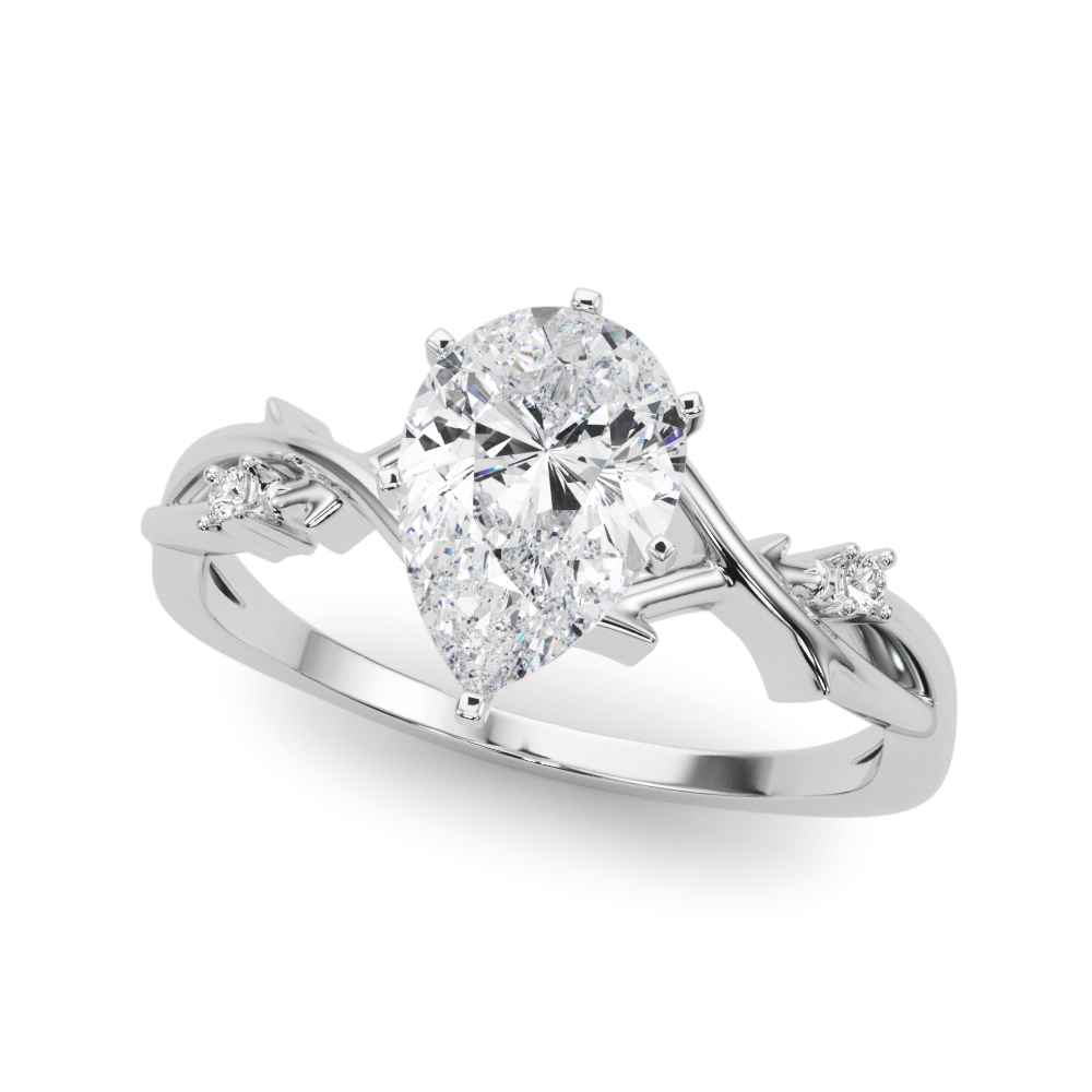 Angle view of pear shape diamond thorn engagement ring platinum