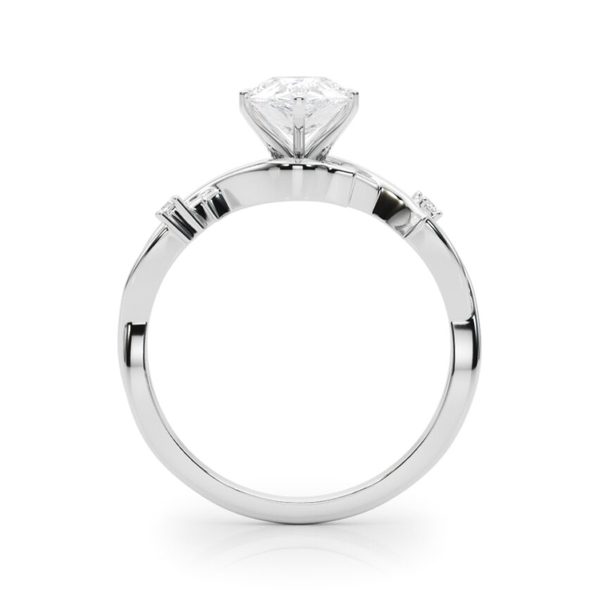 Side view of pear shape diamond thorn engagement ring platinum