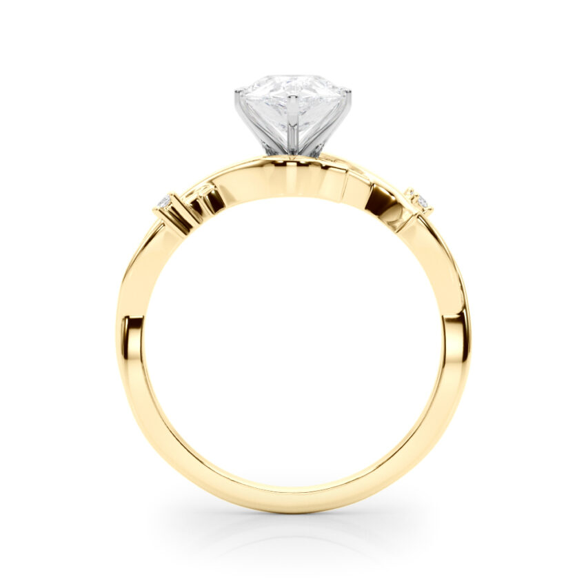 Side view of pear shape diamond thorn engagement ring yellow gold