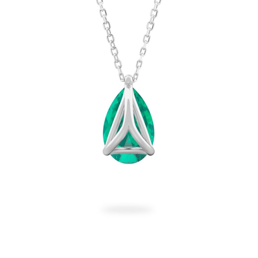 back view of pear shape emerald necklace in platinum