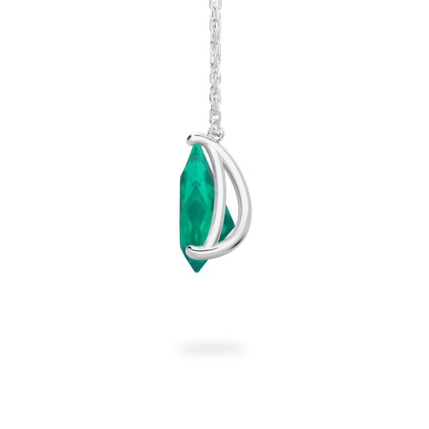 side view of pear shape emerald necklace in platinum