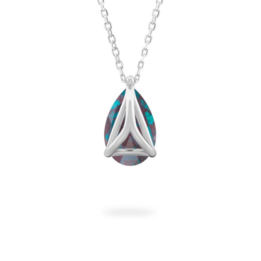 back view of pear shape june birthstone necklace in white gold