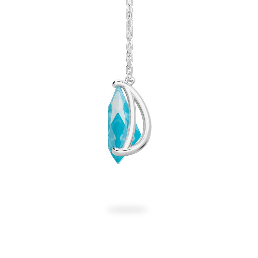side view of pear shape march birthstone necklace in platinum