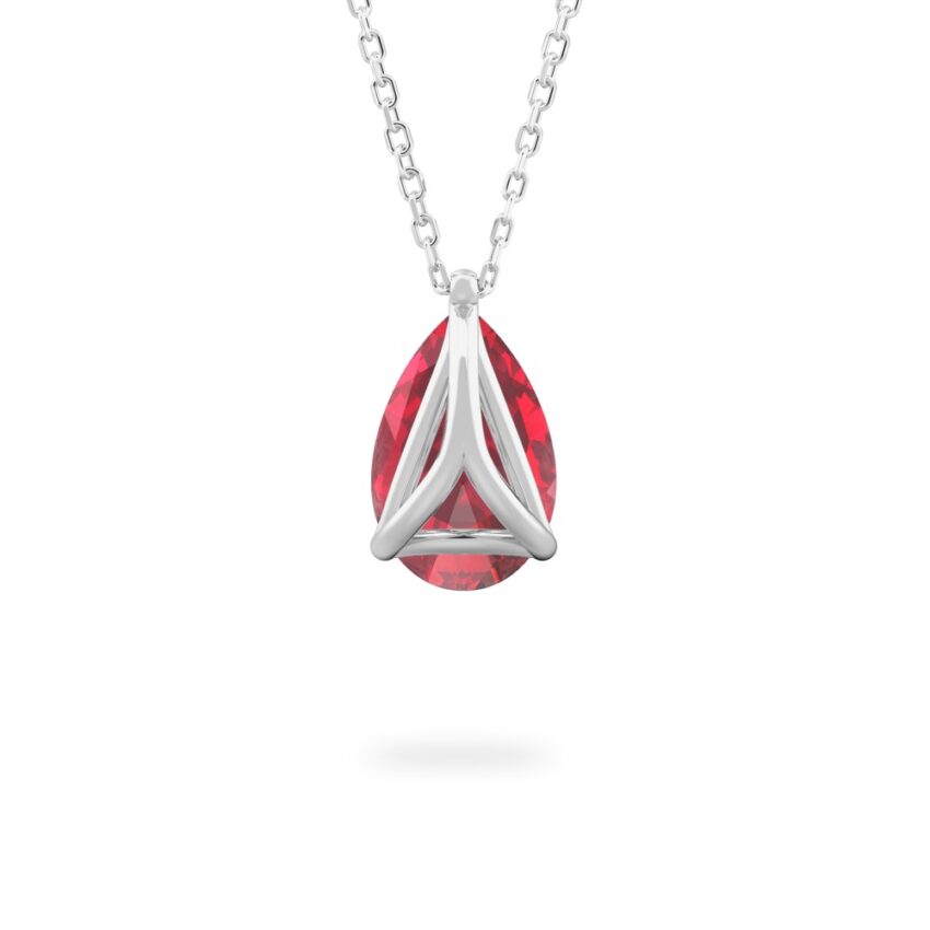 back view of pear shape ruby necklace in platinum