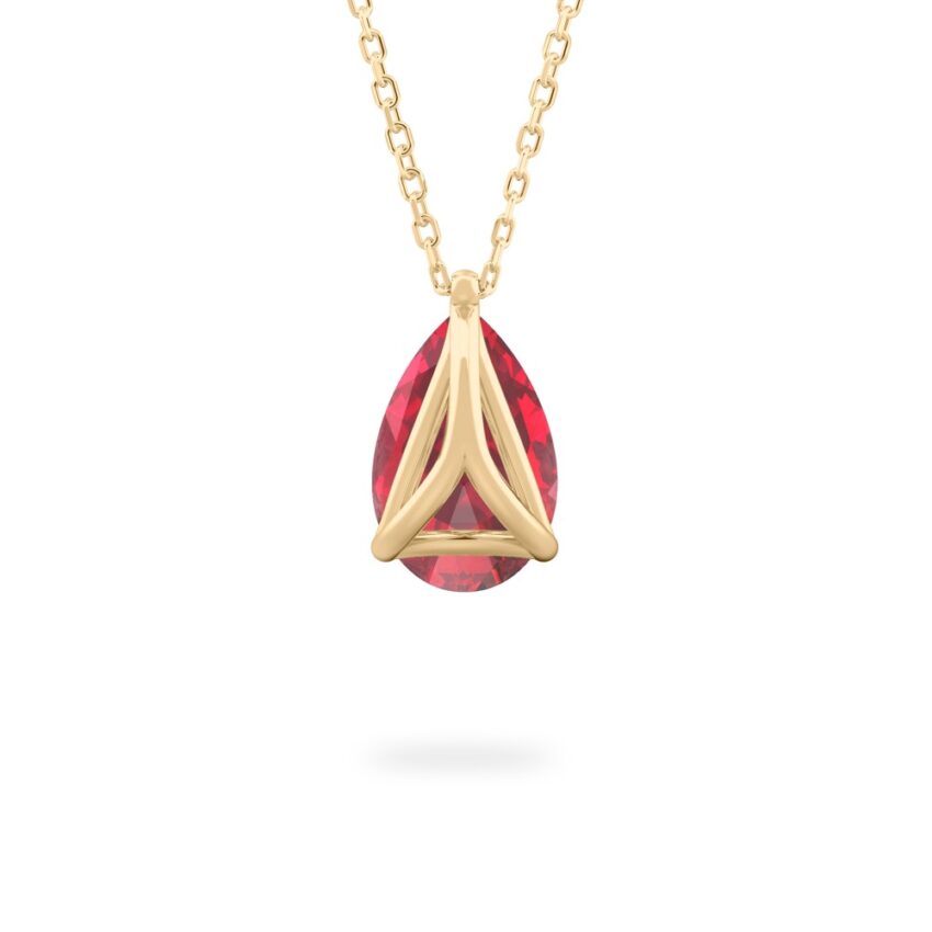 back view of pear shape ruby necklace in yellow gold