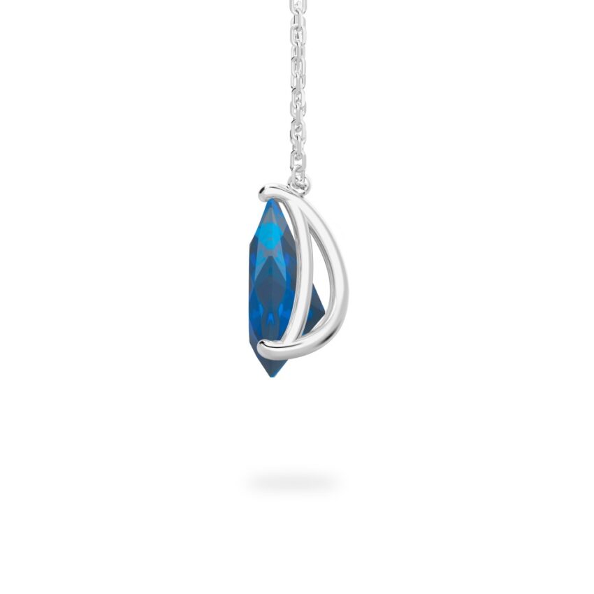 side view of pear shape sapphire necklace in platinum