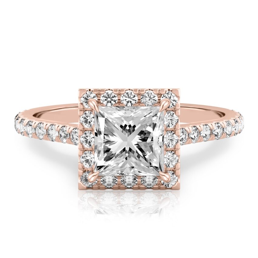 princess cut diamond cushion halo engagement ring rose gold