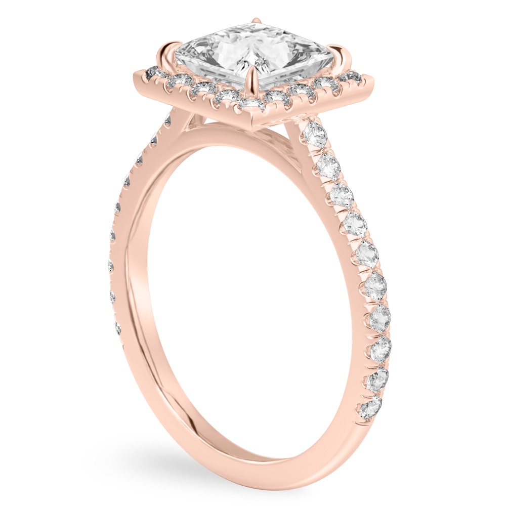 Angle view of princess cut diamond cushion halo engagement ring rose gold