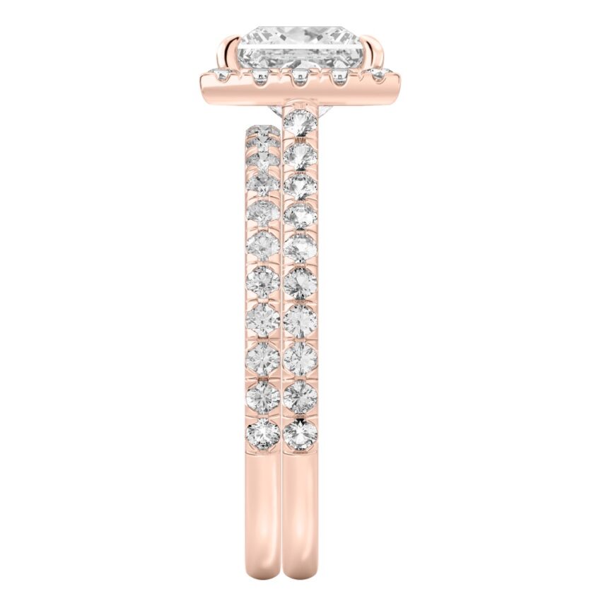 Side view of princess cut diamond cushion halo engagement ring set rose gold