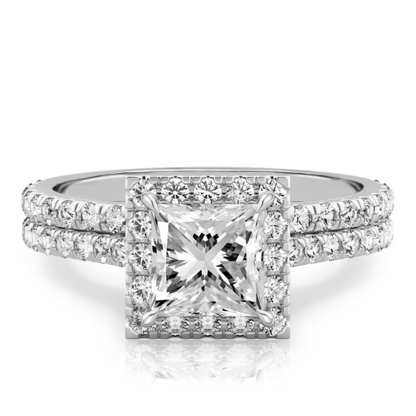 princess cut diamond cushion halo engagement ring set in white gold