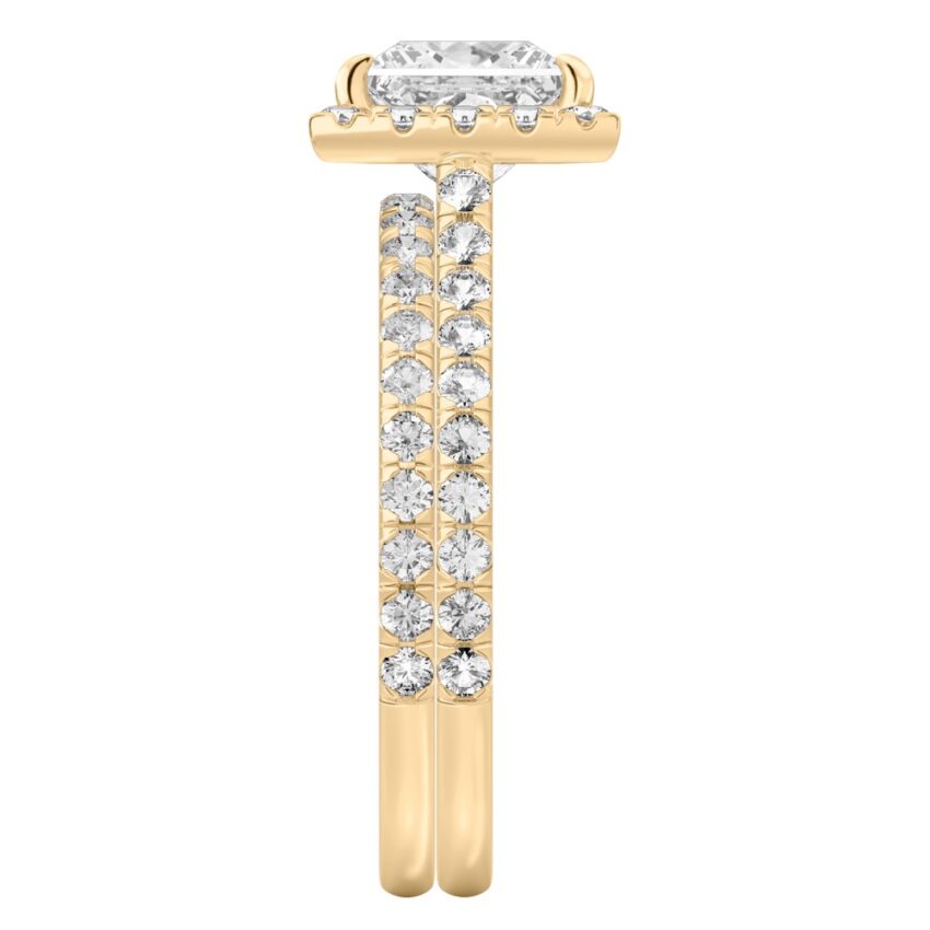 Side view of princess cut diamond cushion halo engagement ring set yellow gold
