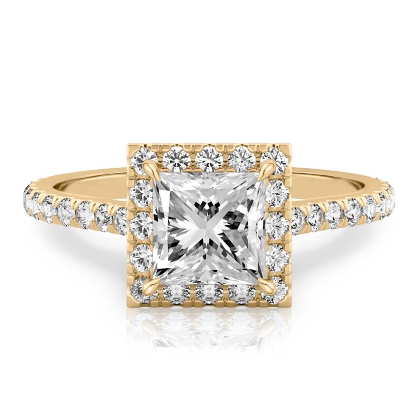 princess cut diamond cushion halo engagement ring yellow gold