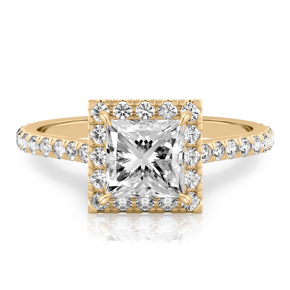 princess cut diamond cushion halo engagement ring yellow gold