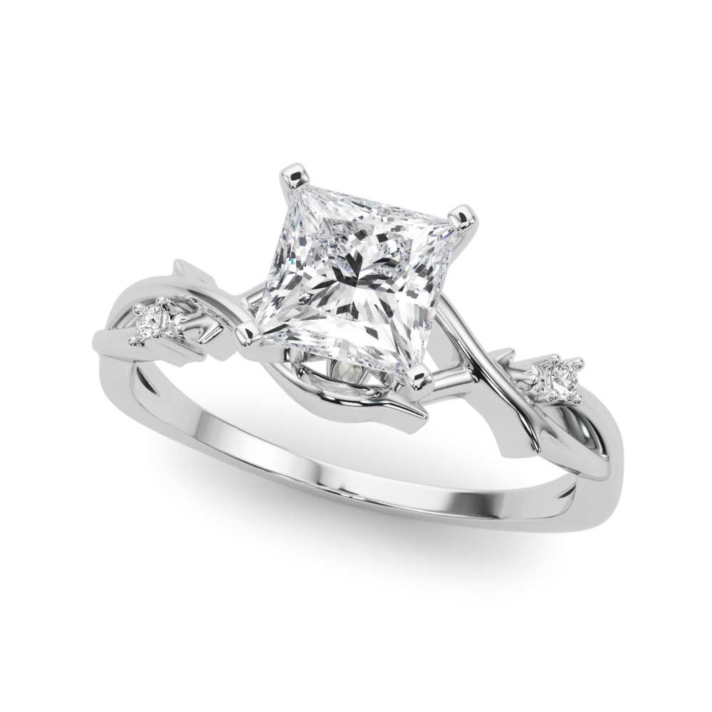 Angle view of princess cut diamond thorn engagement ring platinum