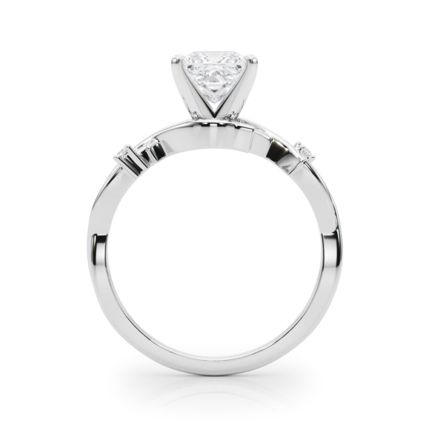 Side view of princess cut diamond thorn engagement ring platinum