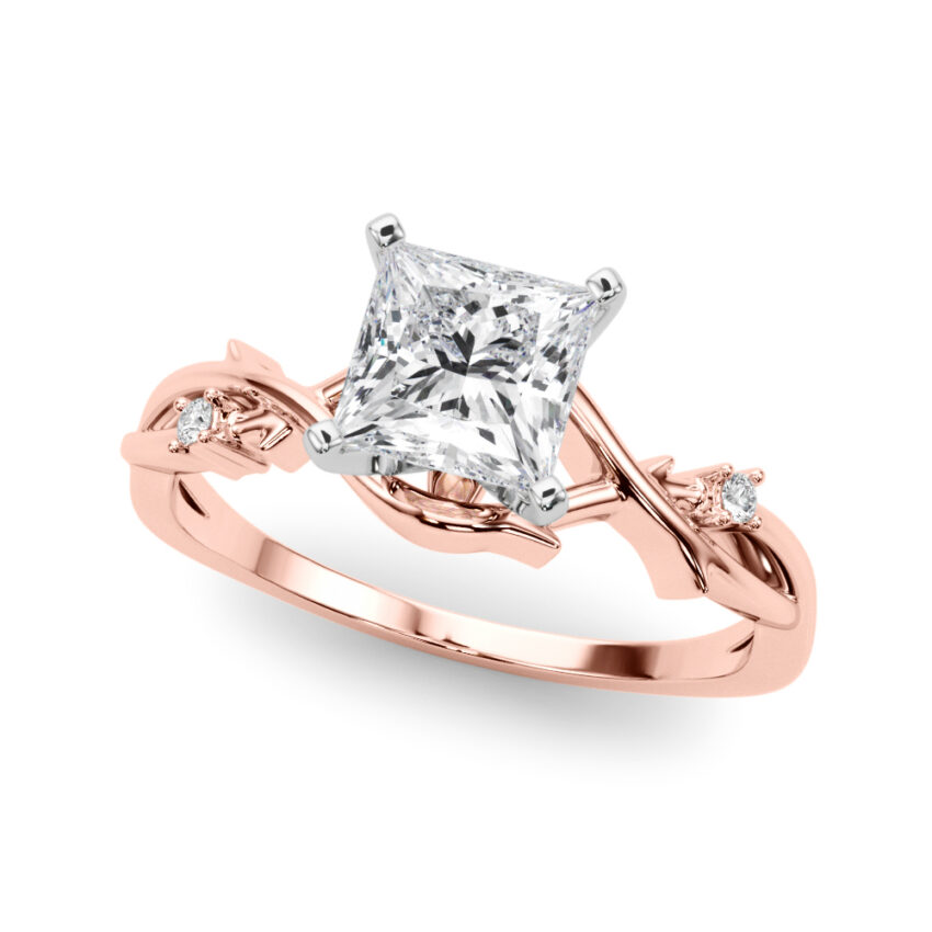 Angle view of princess cut diamond thorn engagement ring rose gold
