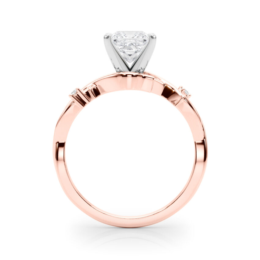 Side view of princess cut diamond thorn engagement ring rose gold