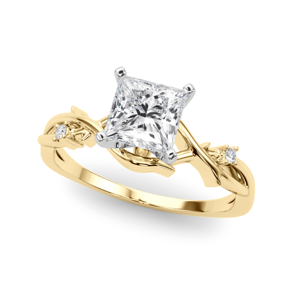 Angle view of princess cut diamond thorn engagement ring yellow gold