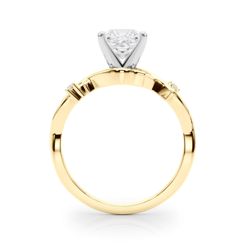 Side view of princess cut diamond thorn engagement ring yellow gold