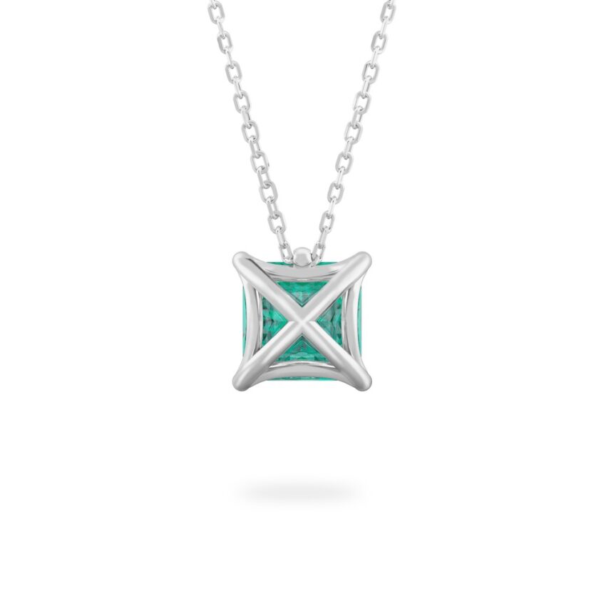 back view of princess cut emerald necklace in white gold